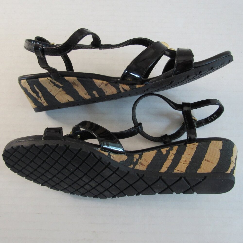 Amalfi Black T Strap Gold Animal Print Cork Wedge Heeled Sandal Size 5 1/2 M - Picture 3 of 8